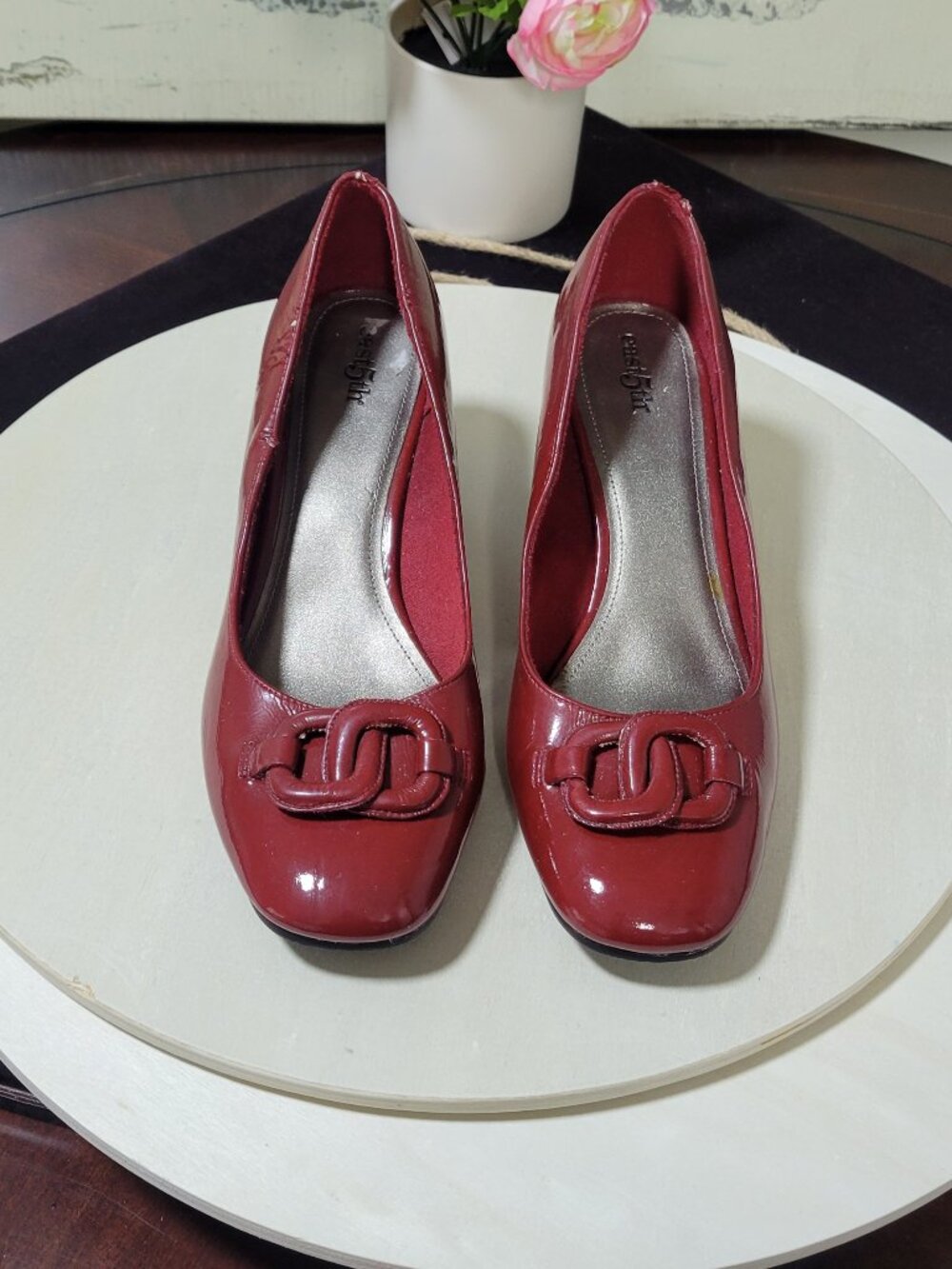 East 5th Red Faux Leather Pumps [Item #SP10]